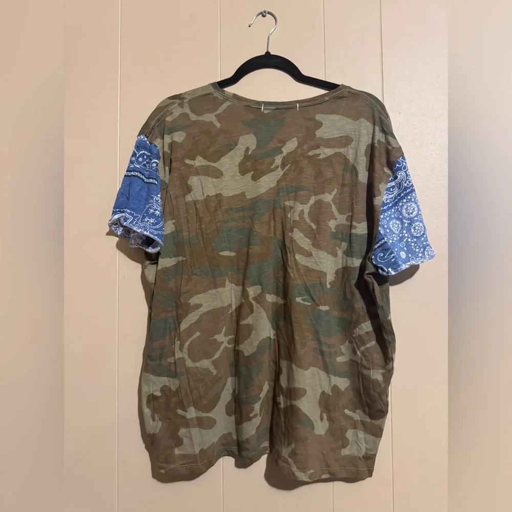 Free People Camo Tee with Blue Bandana Sleeve Accents